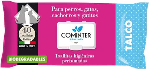 COMINTER Toallitas Higiénicas para Perros y Gatos Biodegradables Aroma Talco 40 Unidades; Toallitas Húmedas Desodorantes para la Higiene de Mascotas, Tejido Resistente  