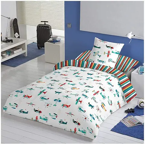 COTTON ARTean Funda Nordica Infantil/Juvenil Reversible AVIONCITOS. Cama de 90 (160 Ancho x 220 cm. Largo).  