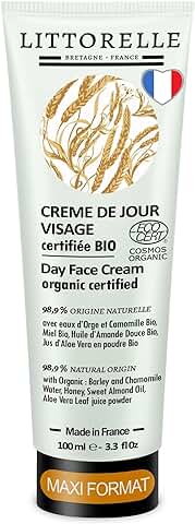 Crema Hidratante Facial de Día Piel Sensible - 100 ml - 99% Origen Natural - Certificada Orgánica - Ingredientes Bio - Agua de Cebada, Camomila, Miel, Almendras Dulces, Aloe vera - Made in Francia  