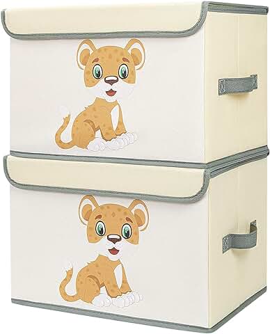 DIMJ Juego de 2 Cajas de Almacenaje Juguetes Plegable, Caja Organizadora de Juguetes con Tapa y Asa, Caja de Tela Lindo Leopardo Patrón para Niños  