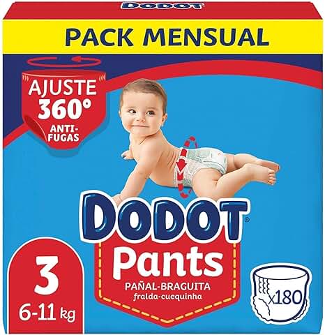 Dodot Pañales Bebé Pants Talla 3 (6-11 kg), 180 Pañales, Pañal-Braguita con Ajuste 360° Anti-Fugas  