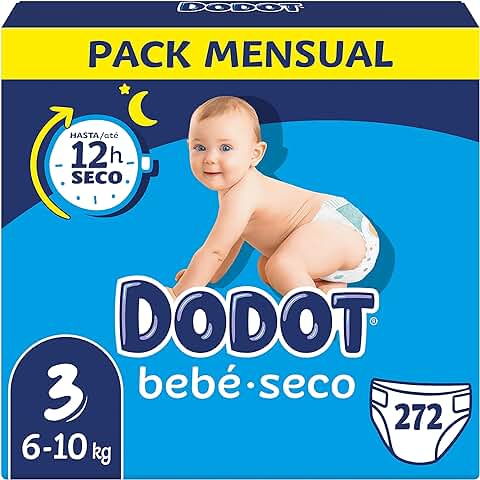 Dodot Pañales Bebé-Seco Talla 3 (6-10 kg), 272 Pañales con Protección Antifugas, Pack Mensual  