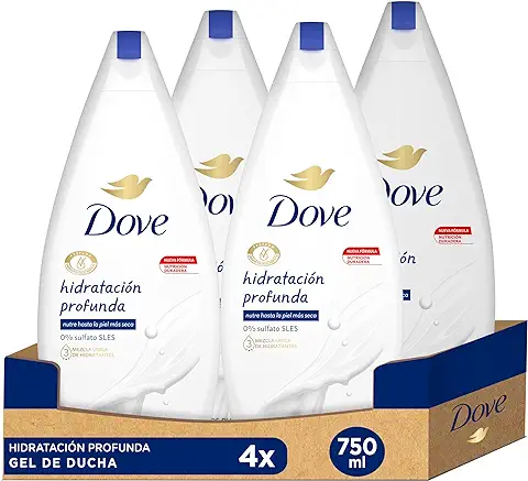 Dove Gel de Ducha Hidratación Profunda Sin Sulfato SLES y Con Hidratantes Vegetales e Ingredientes de Origen Natural, Pack de 4 x 750 ml  