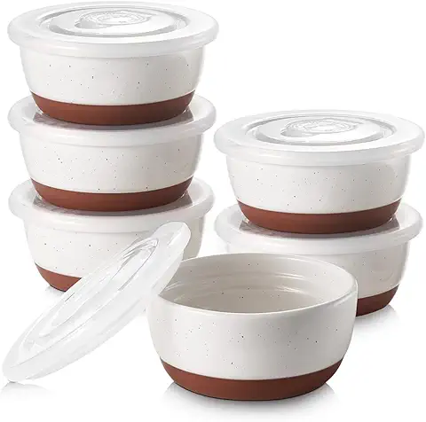 DOWAN Moldes para Soufflé con Tapas, 6 X 235ml Baking Moldes de Porcelana para Hornear Crema Catalana y Tartas, Cuencos de Postre, Apto para Horno y Freidora de Aire, Ø 11cm-Esmalte Moteada  