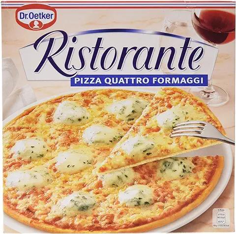 DR. OETKER Ristorante Pizza Quattro Formaggi, Pizza de Masa Fina y Crujiente y Abundante Topping, Pizza Quatto Formaggi, Queso Mozzarella, Edamer, Emmental y Azul - 340g  