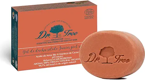 Dr. Tree Gel Sólido Junior, Piel Sensible, Refuerza el Microbioma, 99.7% Ingredientes Naturales, Aceite y Manteca de Cacao, Vegano, Sin Sulfatos SLE, SLS, Sin Parabenos, Sin Siliconas, 75gr  