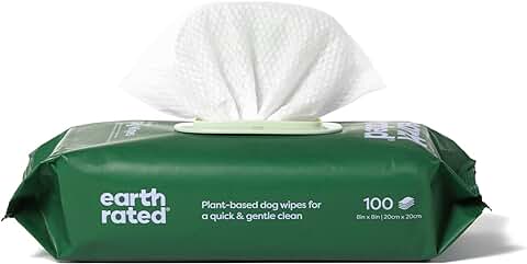 Earth Rated - Toallitas Húmedas para Perros a Base de Plantas, Toallitas Húmedas de Limpieza y Control de Olores para Patas, Cuerpo y Trasero de Cachorros y Perros Adultos - 100 Unidades  