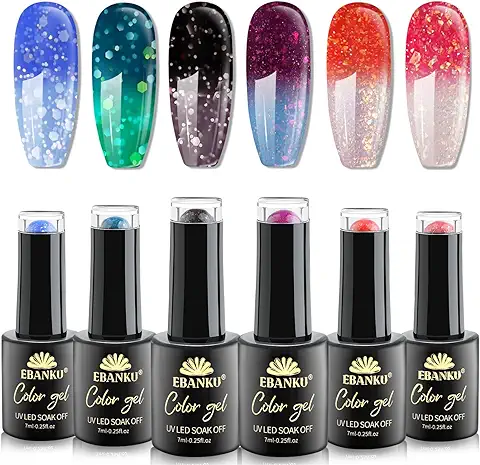 EBANKU Set Esmaltes Semipermanentes Para Uñas Temperatura Cambio, 6 Colores Rosa Naranja Morado Azul Brillantina Temperatura Color Pintauñas Semipermanentes Kit  