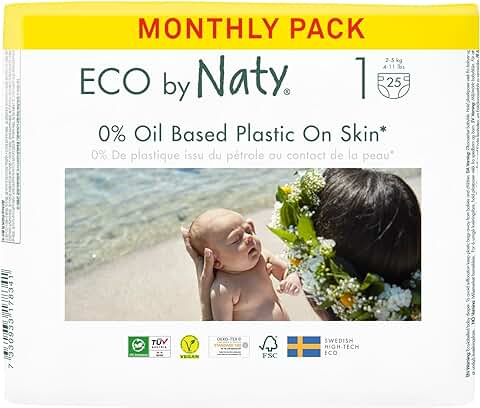 Eco by Naty Pañales Bebé - Pañales Ecológicos a base de Plantas, Ideales para la piel Sensible del Bebé y Ayuda a Evitar las Fugas (Talla 1, 100 Unidades)  