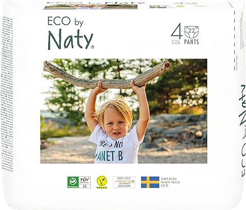 Eco by Naty Pañales Bebé Pants - Pañales Braguita Hipoalergénicos y sin Productos Químicos, Absorbentes y Ecológicos para Niños y Niñas (Talla 4 - 22 Unidades)  