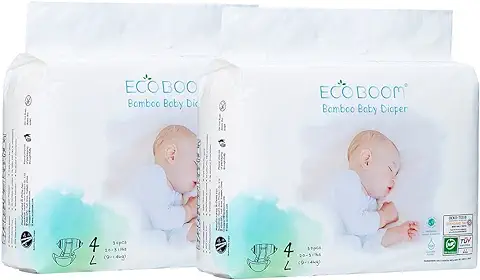 ECOBOOM- Pañal Ecológico de BAMBÚ Eco Boom. 70% Biodegradable, Hipoalergénico (TALLA 4/L 9-14 KG, PACK 2 BOLSAS, TOTAL 60 PAÑALES)  