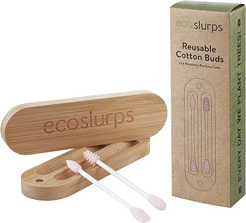 EcoSlurps Rosado Bastoncillos Oídos en una caja de Bambú | Bastoncillos Ecológicos Q-Tip - Bastoncillo de Silicona Limpiador Oídos | Bastoncillos de Algodón | Premiado (2, Rosa)  