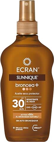 Ecran Sunnique - Aceite Protector Solar Broncea+ FPS 30, Protección Media UVB y UVA, Activa el Bronceado Natural, Sin Autobronceador, con Tecnología PureBronze, Resistente al Agua - 200 ml  