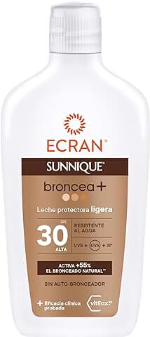 Ecran Sunnique - Leche Protectora Solar Broncea+ FPS 30, Protección Media UVB y UVA, Activa el Bronceado Natural, Sin Autobronceador, con Tecnología PureBronze, Resistente al Agua - 370 ml  