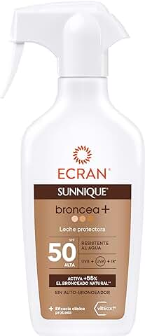 Ecran Sunnique - Leche Protectora Solar Broncea+ SPF 50 en Spray, Protección UVB y UVA, Activa el Bronceado Natural, Sin Autobronceador, con Tecnología PureBronze, Resistente al Agua - 270 ml  