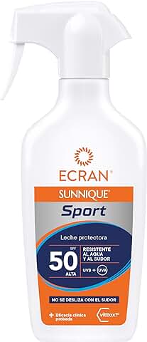 Ecran Sunnique Sport – Leche Protectora Solar SFP 50 en Spray, Protección Alta UVB, UVA, Frescor Instantáneo, Refuerza las Defensas, Muy Resistente al Agua, para Todo Tipo de Pieles - 270 ml  