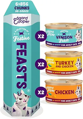 Edgard & Cooper Comida Húmeda Gatos Esterilizados o Activos Gato Adulto Trozos en Salsa Natural Sin Cereales Latas 85g x 6 Festín Navideño con Pollo/Venado/Pavo, Alimentación Sana Sabrosa y Equilibada  