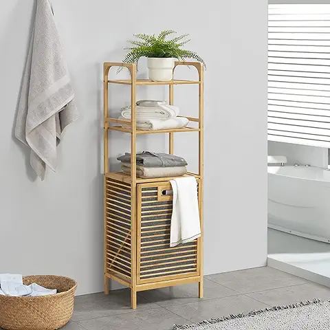 [en.casa] Estantería con Cesto Extraíble para la Colada Mueble de Baño Reclinable Ecológico Bambú Poliéster 118 x 40 x 31 cm Gris Natural  