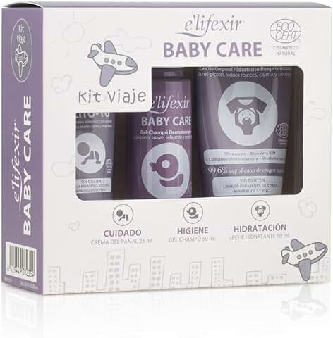 E'LIFEXIR Baby Care, Kit De Viaje para Bebés, Gel Champú 50ml + Leche Corporal Hidratante 50ml + Crema Protectora de Pañal 25ml  