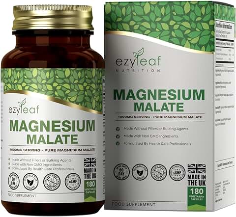 Ezyleaf Malato de Magnesio | 1000mg de Malato por Porción - 180 Cápsulas, Alta Potencia | Veganas y Sin Relleno | sin OGM, Gluten ni Alérgenos |Hecho en el RU  