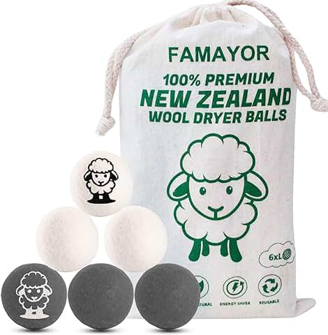 FAMAYOR - Bolas Secadora de Ropa, Pack de 6 Bolas de Lana para Secadora de Ropa, Sin Productos Químicos ni Plásticos, Suavizante Ropa Natural, Pelota de Lana Ecológica Pelota de lana de Nueva Zelanda  