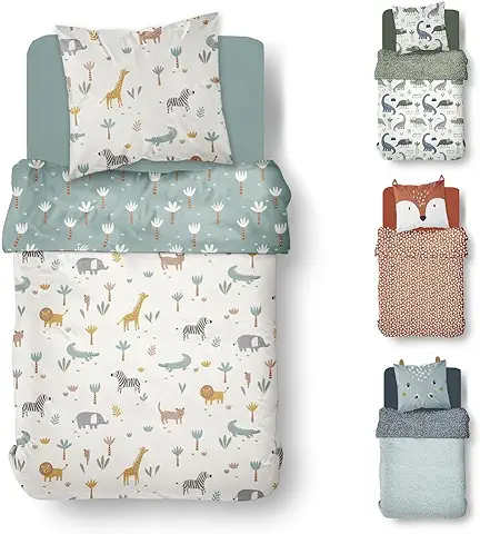 Familando Juego de ropa de cama Infantil de 2 Piezas, 135 x 200 cm + Almohada de 80 x 80 cm, Diseño de Animales de Safari, 100% Algodón Reforzado, con Cremallera  
