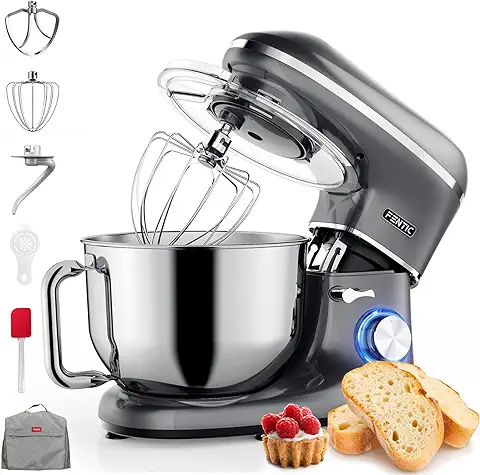 Fentic Batidora Amasadora - 2000W - Con Bol 6.2L para Hornear - Con Batidor, Gancho Amasador y Gancho para Mezclar - Incluye Cubierta Protectora y Accesorios Adicionales - Antracita  