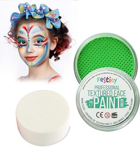Festicy Maquillaje Profesional Verde, 20g Maquillaje Teatro y 1 Esponja de Maquillaje I Maquillaje Infantil Carnaval Halloween I Pintura Facial Vegana, Maquillaje cara Niños, Maquillaje Carnaval  