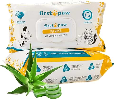 FirstPaw Pet Wipes - 100 Toallitas Perro Hipoalergénico con Aloe Vera, Extra Grandes Toallitas Perros Higiene, Biodegradables y Naturales Toallitas Gato y Perro  