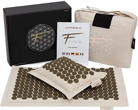 Fitem - Set de Acupresión de alta gama y Ecológico, Alfombra de Acupresión + Cojín + Bolsa, Alivio del Dolor de Espalda y Cuello, Relaxación Muscular y Estimuladores  