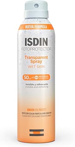 Fotoprotector ISDIN Transparent Wet Skin SPF 50 - Protector Solar Corporal, Spray Transparente, Eficaz Sobre piel Mojada, Ginger Cell Protect, 250 ml  