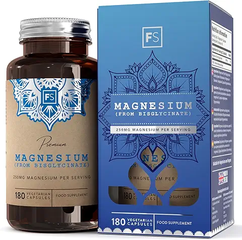 FS Magnesio Bisglicinato | 250mg Bisglicinato de Magnesio por Porción | 180 Glicinato de Magnesio Cápsulas Veganas | Suplemento de Bisciglinato Magnesio | Sin OGM, Lácteos y Gluten | Hecho en el UK  