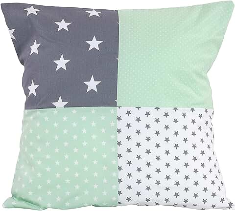 Funda Patchwork para Cojín de ULLENBOOM ® con Menta gris (funda para Cojín de 40 x 40 cm; 100% Algodón; Ideal como Cojín Decorativo para la Habitación de los Niños)  