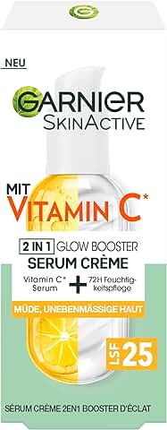 Garnier Crema Sérica Contra la piel Cansada y las Manchas Oscuras, Cuidado de día 2 en 1 para más Brillo y una tez Uniforme, con Vitamina C, Skin Active, 50 ml  