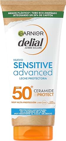 Garnier Delial Sensitive Advanced, Leche Solar para Pieles Claras, Sensibles e Intolerantes al Sol, IP50 Plus, 175 ml  