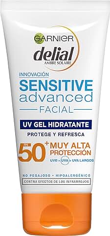 Garnier Delial Sensitive Advanced, Protector Solar Facial UV Gel Hidratante IP50 Plus, 50 ml (Paquete de 1)  