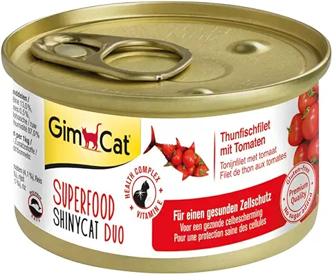 GimCat Superfood ShinyCat Duo Atún con Tomates - Comida para Gatos con Jugoso Filete y sin Azúcar Añadido, para Gatos Adultos - 24 Latas (24 x 70 g)  