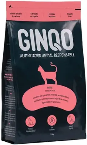 Ginqo Pienso Natural Hipoalergénico para Gatos - Pack 6Kg - Pienso con Proteína de Insectos, Sin Cereales, Sin Gluten, Digestivo - 35% Proteína - Alimentación Responsable  