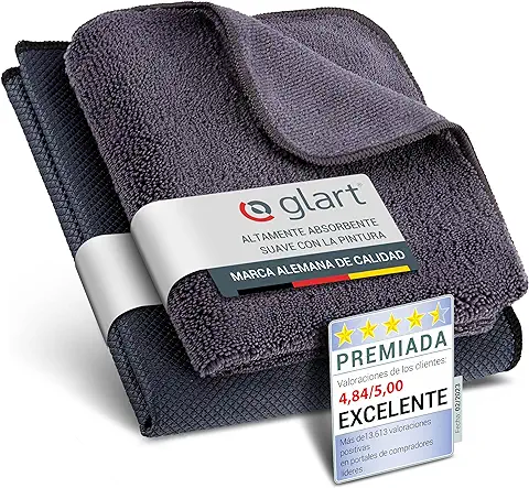 Glart 4432k set de 2 Paños de Microfibra para Limpieza de Cristales del Coche, Especial Fishskin 60 x 40 cm y Paño Secador 32 x 32 cm, set de Lavado También para Limpiacristales  