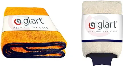 Glart 44WG Paño de Secado, Naranja + Guante de Microfibra para Lavar el Coche con Jabón, Blanco, 27 x 17 cm  