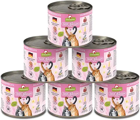 GranataPet Delicatessen 6 x 200 g de Salmón y Marisco para Gatos, Comida Húmeda para Gatos, Comida para Gatos para Gourmets, Pienso sin Cereales y sin Azúcares Añadidos  