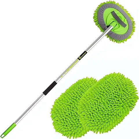 GreatCool 160 cm Cepillo Lavar Coche con Mango Largo, 2 en 1 Chenille Microfibra 180° Rotación Mopa de Limpieza Guantes para Camiones,SUV,RV,Remolque, No Libre de Arañazos (2 x Cabezales de Fregona)  