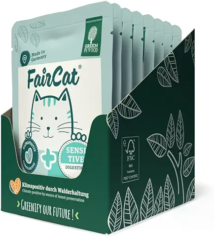 Green Petfood FairCat Sensitive (8 x 85 g), Comida para Gatos sin Cereales con Cáscaras de Psyllium e Hinojo, Comida Húmeda para Gatos Adultos y Exigentes, Comida para Gatos con Agradable Aroma  