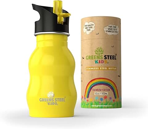 Greens Steel Botella de agua de Niño - Botella a Prueba de Fugas Tapa con Pitillo - bebe Niños Cantimplora de Acero para Niños. (Amarillo)  