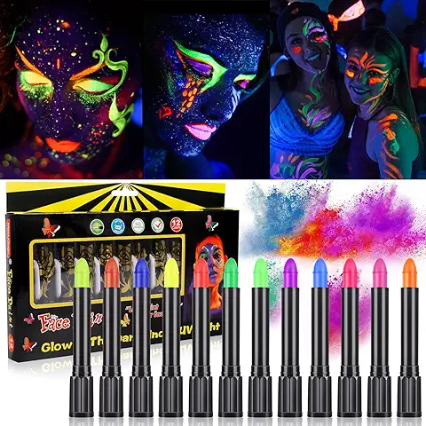 GUHAOOL Luminosas para Pintura Facial, 12 Ceras Fluorescente De Color De La Cara, Lavable No Tóxico Cera Lápiz UV Neón Para Rostro y Cuerpo, Para Halloween, Mardi Gras, Fiesta De Disfraces  