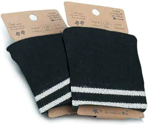 Haberdashery Online Tela de Punto Elástico,de Diferentes Rayas de Colores, 2 Puños + 1 Cinturilla para Rematar Prendas. 110 cms x 8 cms. (Negro y Plateado)  