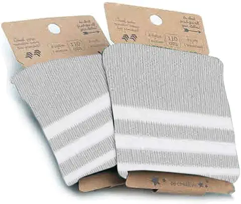Haberdashery Online Tela de Punto Elástico,de Diferentes Rayas de Colores, 2 Puños + 1 Cinturilla para Rematar Prendas. 110 cms x 8 cms. (Gris y Blanco)  