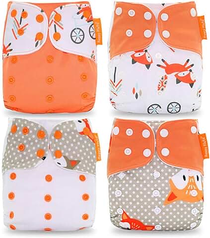 HahaGo Pañal de tela para Bebé Pañales Reutilizables Lavables Inserte el de Bolsillo todo en uno para la Mayoría de los Bebés y Niños Pequeños (4 Piezas, Patrón de Zorro Naranja)  