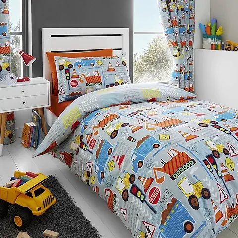 Happy Linen Co - Set de Fundas Infantiles para edredón - Estampado con excavadoras Grandes - Gris - Individual