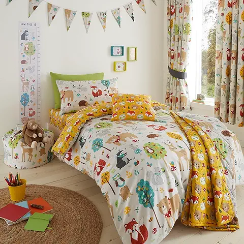 Happy Linen Company Juego de ropa de cama con Funda de Edredón y Funda de Almohada, Reversible, Suave, Fácil de Cuidar, para Niñas y Niños, Diseño de Animales del Bosque, Color gris Pardo  